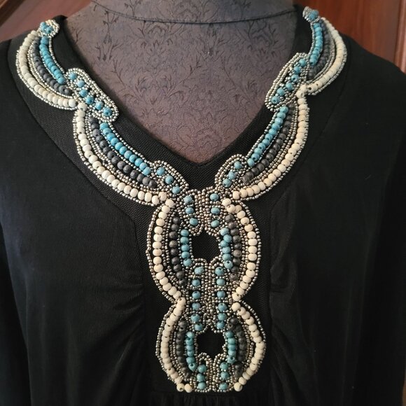 Chicos Travelers Black Tunic Dress With Turquoise Beaded Neckline Size 2 Large S - Picture 2 of 7